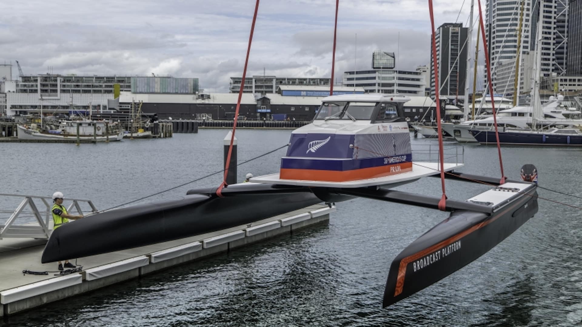 Emirates Team New Zealand’s launch ‘Te Kāhu’ test boat in Auckland